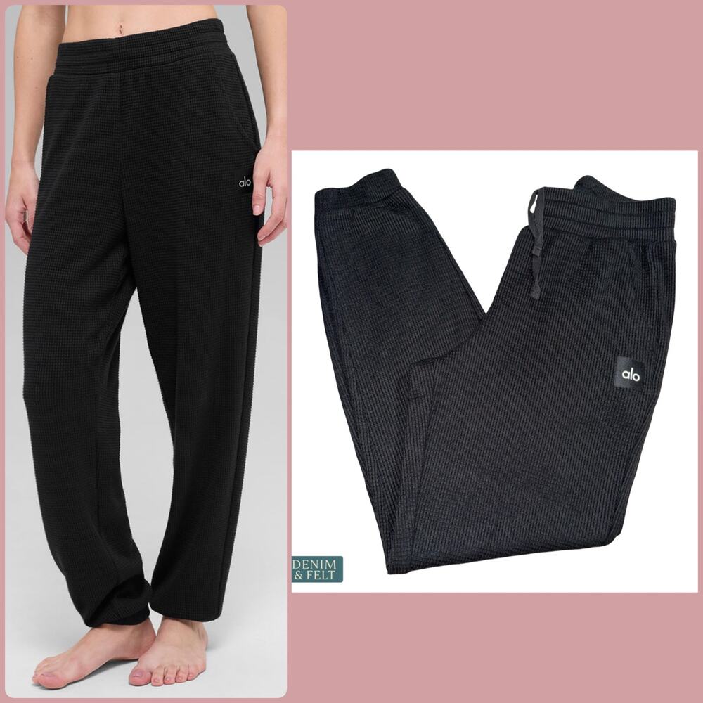 Alo Yoga Waffle Weekend Escape Jogger Black Lounge Cozy Relaxed Fit Soft Chic